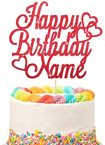 Personalised Happy Birthday Cake Topper | Customized Name Cake Decoration | Double Sided Glitter Card | Red