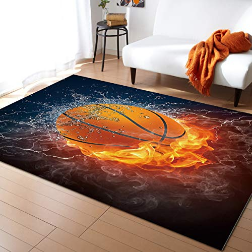 KITHOME Moderner rutschfester Teppich mit coolem 3D-Basketball-Motiv und Flammendruck, bedruckte Teppiche, Kunst, Karneval, Gummi-Rückseite, rechteckiger Teppich für den Innenbereich, 152x201 cm