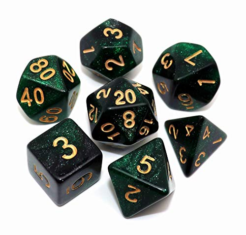 CREEBUY Polyedrisches Würfelset für Dungeon and Dragons, Rollenspiele, Grün mit Schwarz-Nebel
