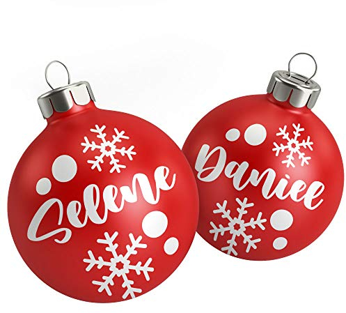 Personalisierte Weihnachtskugeln Aufkleber mit 5 Namen, 6 Schneeflocken, 6 Sternen und 24 Dekorationspunkten, Individuelle Weihnachtsdekoration, 7 cm Breite, 3-4 cm Höhe, Gold, Rot, Silber, Weiß