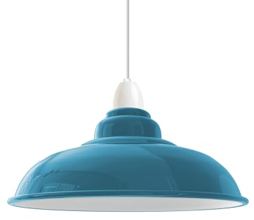 Moderner industrieller Deckenlampenschirm aus Metall, 32 cm großer, kurviger, einfach zu montierender Hängelampenschirm mit kostenloser Reduzierplatte für Wohnzimmer (Cyan-Blau)