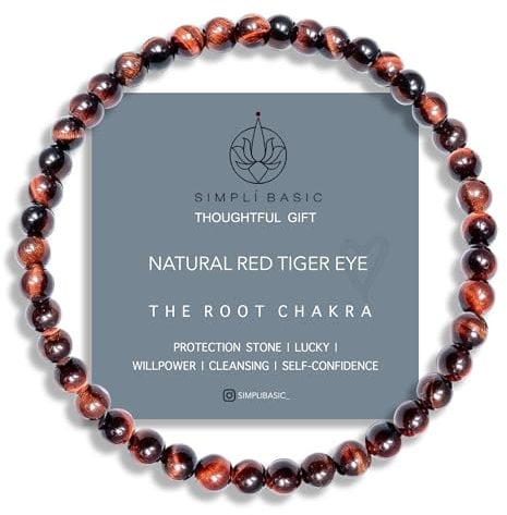 SIMPLÍ BASIC Natural Red Tiger Eye Healing Gemstone Bracelet 4mm Bead | Womens & Mens | Purification of The Heart | Evil Eye Beads | Removes Negative Energy | Inc Gift Box