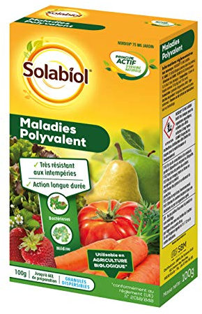 SOLABIOL Maladies Polyvalent - 100g - 60L De Solution - Action Rapide & Longue Durée - Traitement Préventif - Efficace Contre Mildiou Bactériose Tavelure - Resite Aux Intempéries SONOMAL100