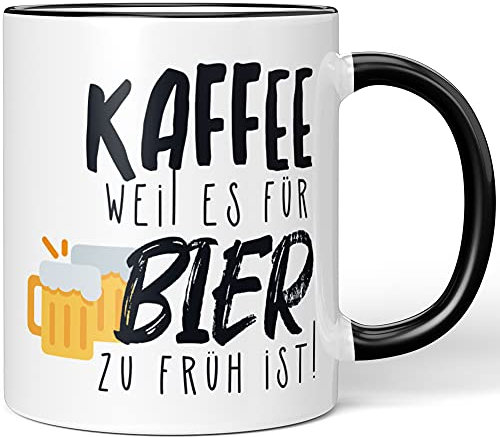 JUNIWORDS Tasse, Kaffee Weil es für Bier zu früh ist!, Wähle Schwarz, 330 ml, Keramik, Rund, Tasse