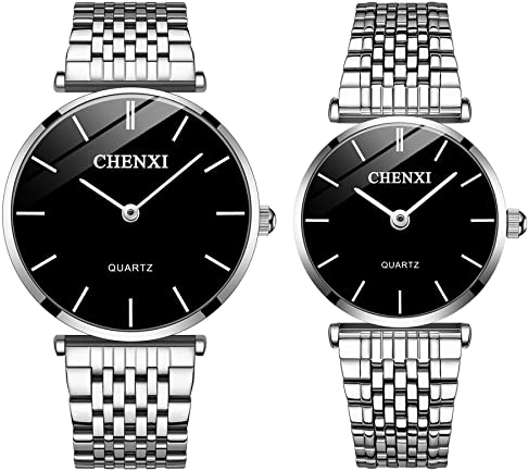 JewelryWe 2pcs Paar Uhren Quarz Analog Partner Freundschafts Armbanduhr Klassische Einfache Ultra Dünne Uhr mit Edelstahl Armband und schwarzem Zifferblatt, Pärchen Geschenk für Herren Damen, Silber