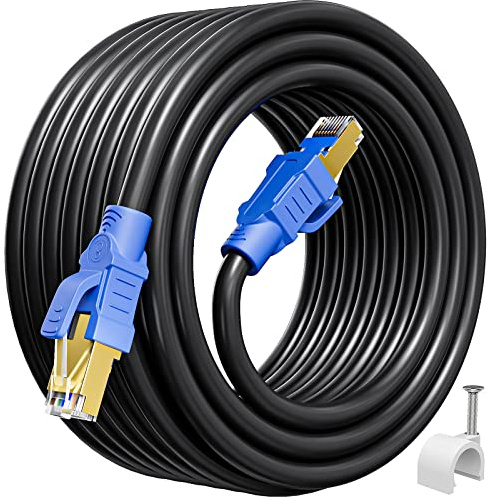 Cat 8 Ethernet Cable 50ft High Speed, Cat 8 Outdoor Cable Shielded 40Gbps 2000Mhz, 26AWG, SFTP, Solid Copper, Direct Burial, POE, Waterproof Cat 8 RJ45 LAN Network Cable for Gaming Router (15 Clips)