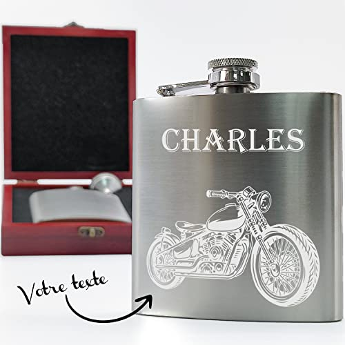 KDO MAGIC - Flasque alcool personnalisé - Flasque de poche personnalisable avec un prénom - 175ml - Couleur silver - Idée cadeau pour fête des pères, anniversaire, retraite et noël (Modèle Moto)