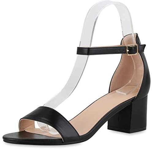 VAN HILL Damen Klassische Sandaletten Blockabsatz Schuhe Leder-Optik Abendschuhe Elegante Mid Heels Riemchenschuhe 211189 Schwarz 39