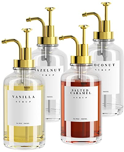 TIMIFTE Lot de 4 distributeurs de sirop de café pour accessoires de café, distributeur à pompe à café, bouteille de sirop en verre avec pompes dorées et 42 étiquettes, 500 ml
