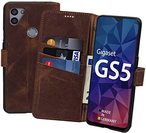Suncase Book-Style Hülle kompatibel mit Gigaset GS5 lite Leder Tasche (Slim-Fit) Lederhülle Handytasche Schutzhülle Case mit 3 Kartenfächer in antik-Coffee