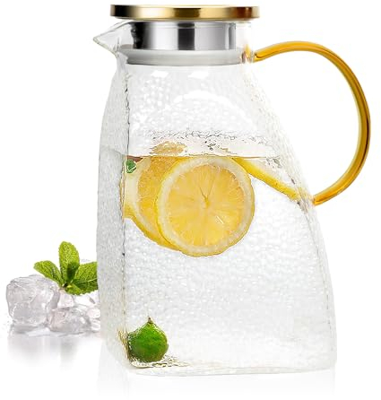 Yiter Water Jug, 1800 ml Heat & Cold Proof Glass Jug with Leak-Proof Lid for Milk, Iced Tea, Cocktail, Sangria, High Borosilicate Pitcher Water Carafe for Home, Bistro