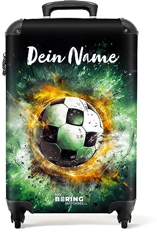 NoBoringSuitcases.com Fotokoffer personalisiert, Kinderkoffer - 55x40x20cm Handgepäck Trolley, Hndgepäck Koffer Kinder - Kinder Trolley- Fußball in Grün - Leicht - Koffer mit Namen Initialen