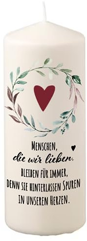 Trauerkerze Gedenkkerze für Grab oder Hochzeit mit Spruch und Blätterkranz Herz Birke - Menschen, die wir lieben bleiben für immer, denn sie hinterlassen Spuren in unseren Herzen. (25/8cm)