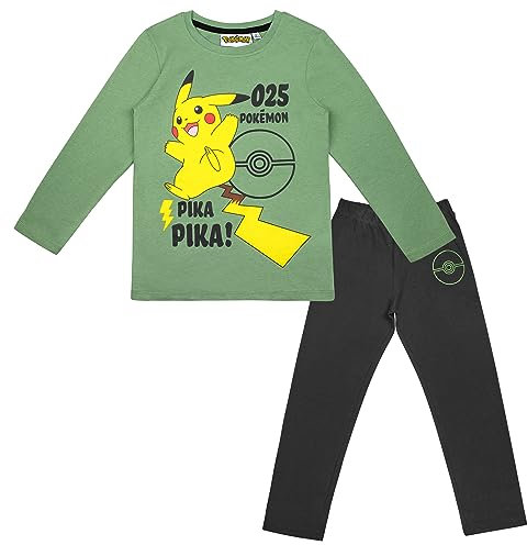 Pokemon Schlafanzug Pyjama Langarm Pikachu Junge und Mädchen Unisex (116, Grün)