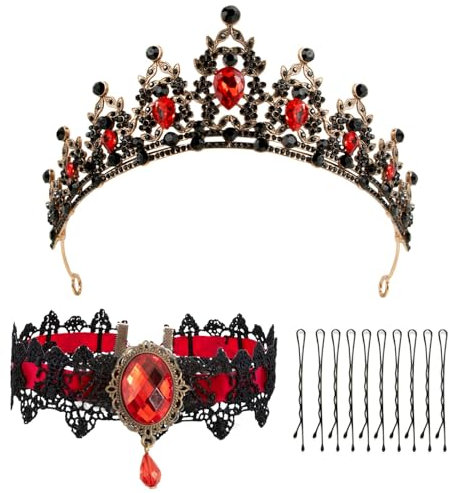Kronen für Frauen Halloween Vintage Kristall Rot Strass Stirnband mit Halskette Prinzessin Tiara Stirnband Glänzend Königin Prinzessin Braut Haarschmuck für Halloween Weihnachten Hochzeit
