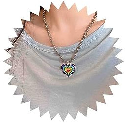 Yheakne Boho Colorful Heart Pendant Necklace Vintage Enamel Rainbow Heart Necklace Large Heart Choker Necklace Silver Ball Chain Necklace Jewelry for Women and Girls