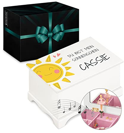 Maverton personalisierte Musik Schmuckdose mit Aufzieh-Spieluhr - Schmuckkästchen Ballerina - Musikspieldose für Mädchen zur Geburt - zum Geburtstag - zu Weihnachten - ohne Schublade - Sonne