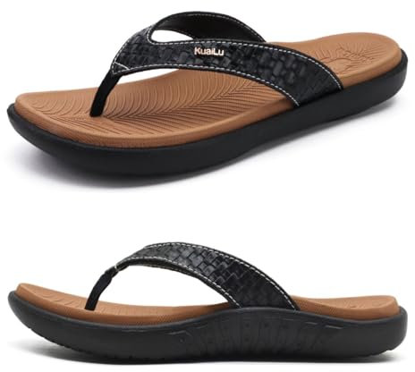 KuaiLu Caqui Negro Chanclas Mujer Verano Playa Sandalias de piscina Apoyo de Arco Ortopedicas Chanclas Zapatos Cómodos para Caminar Antideslizante Talla 39EU