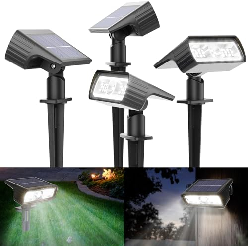 Moxled Solarlampen für Außen Garten, 6500K Kaltweiß Solar Strahler 4 Stück, IP65 Wasserdicht Gartenleuchten, 2 Helligkeitsmodi Solarleuchten für Außen Garten, Hof, Gehweg