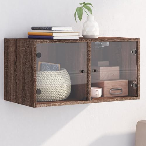 Rantry Wall Cabinet with Glass Doors Brown Oak 68.5x37x35 cm, Hanging Storage Cabinet, Wall Organiser Unit Cupboard for Kitchen and Living Room Home Indoor Storage Furniture