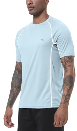 MoFiz Rashguard Anti-UV Homme Manches Courts T Shirt Séchage Rapide Surf UPF 50+ pour Natation Surf Plongée Plage Bleu Pâle EU 3XL