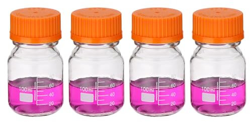 PATIKIL 4 Pack Reagent Media Storage Bottles, 100ml Borosilicate Glass Graduated Round Bottles with Orange GL32 Screw Cap for Lab Water Reagent Liquids, Clear