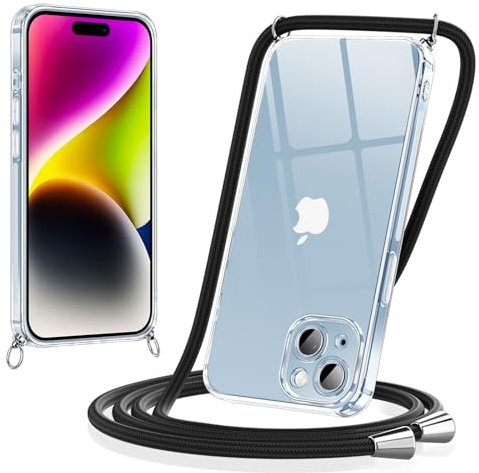 Coiwxmoi Coque pour iPhone 14 avec Cordon 6,1, Collier Réglable Téléphone Étui de Protection Ultra Mince Transparente Silicone TPU Antichoc Anti-Rayures Bumper Lanyard Case pour iPhone 14, Noir