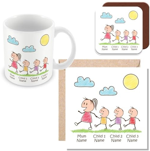 MUGGZ Personalised - Mummy Mug, Card & Coaster with 3 Kids - Personalise with Names - Gift for Mums - Giftset - Made in The UK