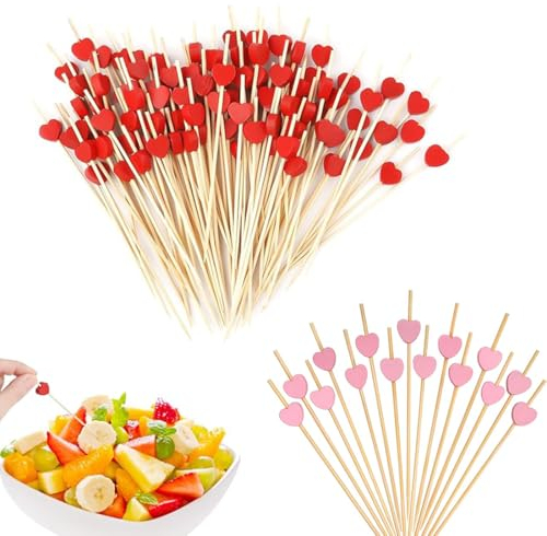 QOWUXHZ 200 Pcs Coeur Brochettes Cocktail Brochettes Cocktail Bâtonnets Cocktail Bois Brochettes Cocktail Cure Dents Brochettes En Bois Pour Aperitif Fingerfood Snacks Déco Cocktail 6.5Cm Rouge Rosa