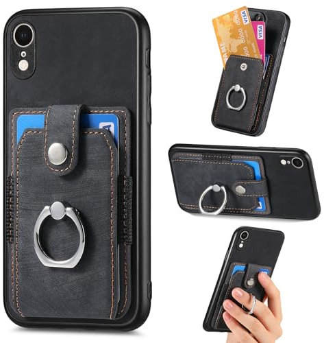 Riccase for iPhone XR Case with Card Holder, Protective Wallet Case Kickstand Matte PU Leather Flip Magnetic Closure Shockproof Silicone Bumper Case for iPhone XR, Black