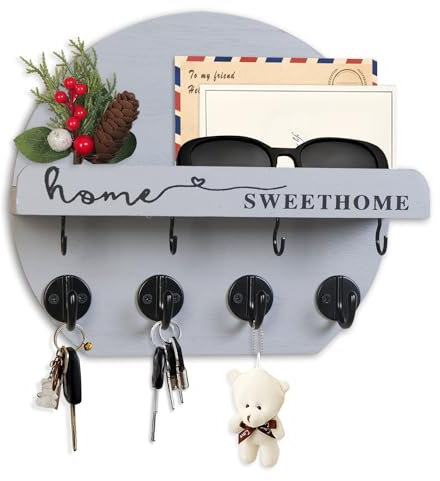 Dxiunove Schlüsselboard Schlüsselhalter Mit Getrockneten Blumen Chlüsselbrett Orbicular Schlüsselbrett Holz Geeignet Für Eingangshallen, Hauswirtschaftsräume, Flure, Küchen Und Büros(Grau)