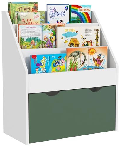 AIYAPLAY Bibliothèque pour Enfants Rangement pour Livres et Jouets Multi-Rangement avec 3 Niveaux d'étagères et tiroir, 62,5L x 30l x 70H cm, Vert