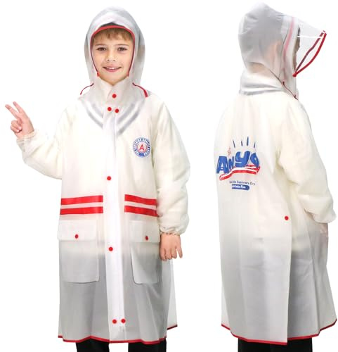 ANYOO Poncho de pluie imperméable pour enfants avec manches longues, veste de pluie légère à capuche avec espace supplémentaire dans le dos, pour garçons et filles, randonnée, camping, blanc, 120-130