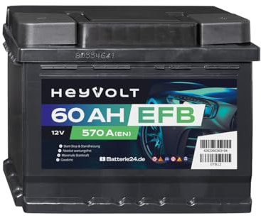 HeyVolt EFB Autobatterie 12V 60Ah 570A Hochleistungs-Blei-Säure-Batterie, Start-Stop geeignet, Langlebig, Kompatibel mit PKW