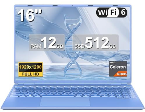 PC Portatile Win 11 Laptop 12GB 512GB 1TB SSD Espansione, 16 Pollici Notebook Celeron N5095 (fino a 2.9Ghz) 丨Ventola di Raffreddamento丨Supporto 5G WIFI丨1920 * 1200 2K Schermo Doppio- Blue