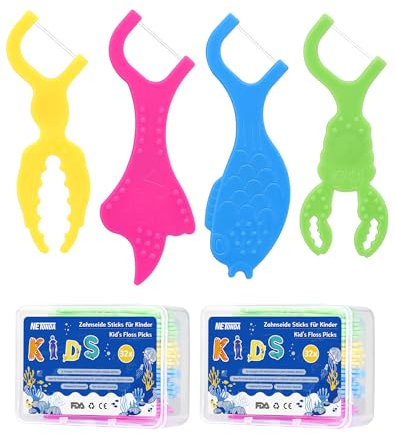 NETONDA Zahnseide Kinder Dental Floss für engen Zahnzwischenräume Zahnseide Sticks mit 4 bunte Griffe in Form von Meerestieren Flossers Kids - Fluorfrei, wachsfrei, rutschhemmend(2X32Stk)