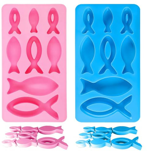 2 Stück Silikonform Fisch, 8 Gitter Fischförmige Silikonformen Gießformen, Kommunion Deko Silikonform Fisch, Fisch Silikonformen GießFormen Kerzenhalter, Gießform Fische für Schokolade, Kuchen, Seife