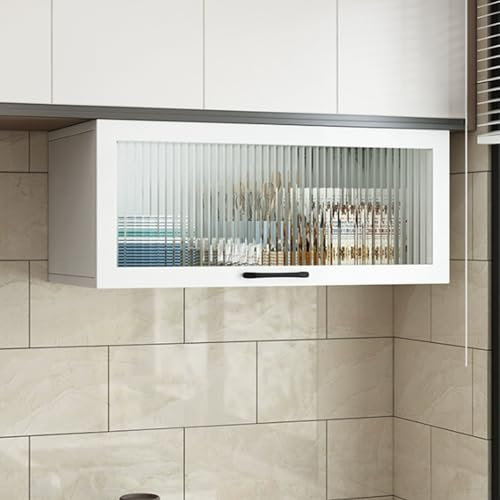 Solid Wood Wall Mounted Glass Display Cabinet with Flip Door and Bottom Shelf Small Kitchen Storage Cabinet for Spices and Glassware