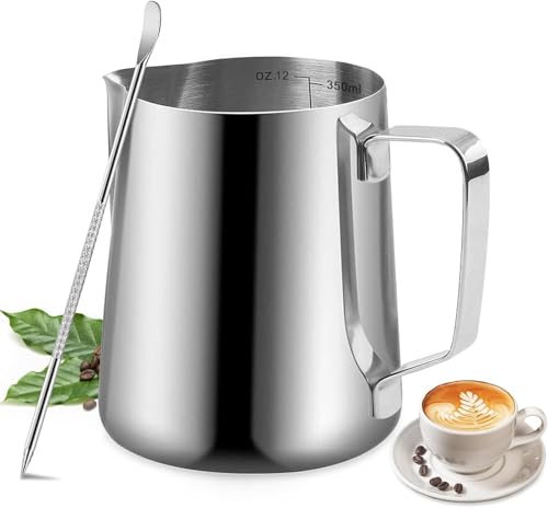 Tasse en Mousse de Lait – 12oz/350ml Pichet à Lait en Acier Inoxydable 304 avec Repère de Mesure Café Cappuccino Lait Art Vaporisateur Avec Stylo Décoratif (Argenté)