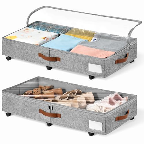 KitHero 2er-Set Rollbare Aufbewahrungsbox unter dem Bett, 15 cm Höhe (6 Zoll) mit klarem Deckel - Graue Bettkasten für Schuhe & Kleidung