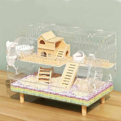 8 in 1 Acrylic Hamster Cage with All Accessories, 2-Layer Hamster House with Full Transparent View, Open Mouse Cage for Pet Mice, Hamster Habitat for Dwarf Hamsters, Gerbils, 47 x 30 x 37
