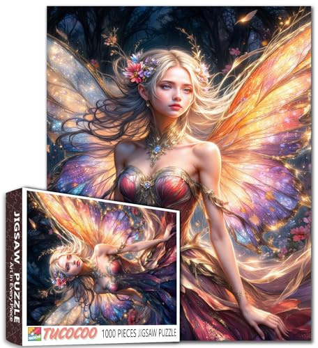 Tucocoo Elegant Fairy Queen 1000 Teile Puzzle für Erwachsene, Fantasie Verzauberte Nachtfee mit leuchtenden Flügeln und Blumen Puzzles Wohnkultur, herausforderndes Puzzle-Geschenk für Frauen und