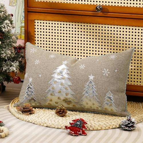 Lewondr Taie d'oreiller de Noël, 1PCS 30x50CM Housse d'oreiller Décorative avec Broderie de Arbre de Noël Argenté, Housse de Coussin en Faux Lin de Style Punk pour Maison Salon Chambre Canapé