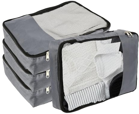 4 Stück Packing Cubes, Koffer Organizer mit Reißverschluss (grau) | Packwürfel, Atmungsaktives Netzgewebe, Robustes Oxford Gewebe, Packtaschen Kompression, Reiseset für Koffer und Rucksack