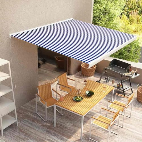 HaoChrymec Manuelle Kassetten-Markise mit Handkurbel, Pulverbeschichteter Aluminiumrahmen, UV-beständig, Sonnenschutz für Balkon, Garten oder Terrasse, Freistehende Markise, Blau und Weiß, 350x250 cm