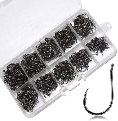 GNALIA Hameçons - 200 Pièces Noirs Avec Barbilles 10 Tailles (3-12), Acier Carbone Pour Pêche Carpe Et Poisson, Boîte Plastique Incluse