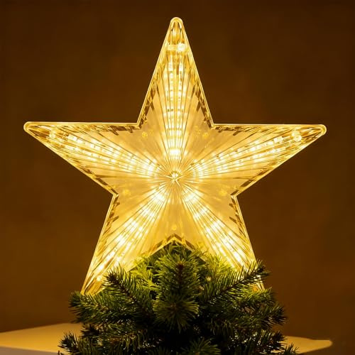 Kaleora Weihnachtsbaumspitze Stern mit 10 LED, Warmweiß Christbaumspitze Stern, 15cm Christbaumspitze Topper Star, Weihnachtsbaum Topper für Weihnachtsdekorationen, Weihnachtsbaum Deko