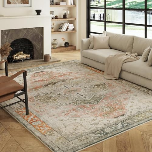 Decoranddecor Vintage Rugs Living Room 160x230cm Washable Non-Slip | Beige Large Living Room Rug, Machine Washable Rug, Area Rug, 6mm Low Pile, Pet Friendly, Stain Resistant