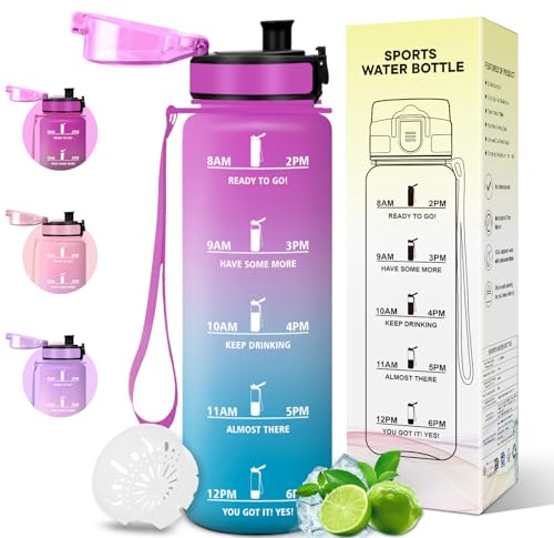 Motswedi Botella Agua 1L, Plástico, Botella Deportiva, a Prueba de Fugas, Botellas Gimnasio 1 litro, Cantimplora, con Marcador de Tiempo, para Gimnasio, Oficina, Yoga, Rojo rosado & Cian