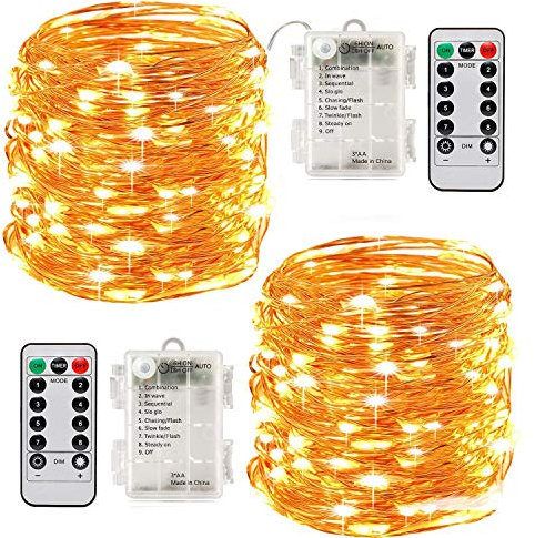 Tonskooners Led String Lights Battery Powered,[2 Pack] 100 LEDs 33ft Fairy String Lights Battery Operated Waterproof 8 Modes with Remote Control Christmas Decoration Lights (Warm White-10M)